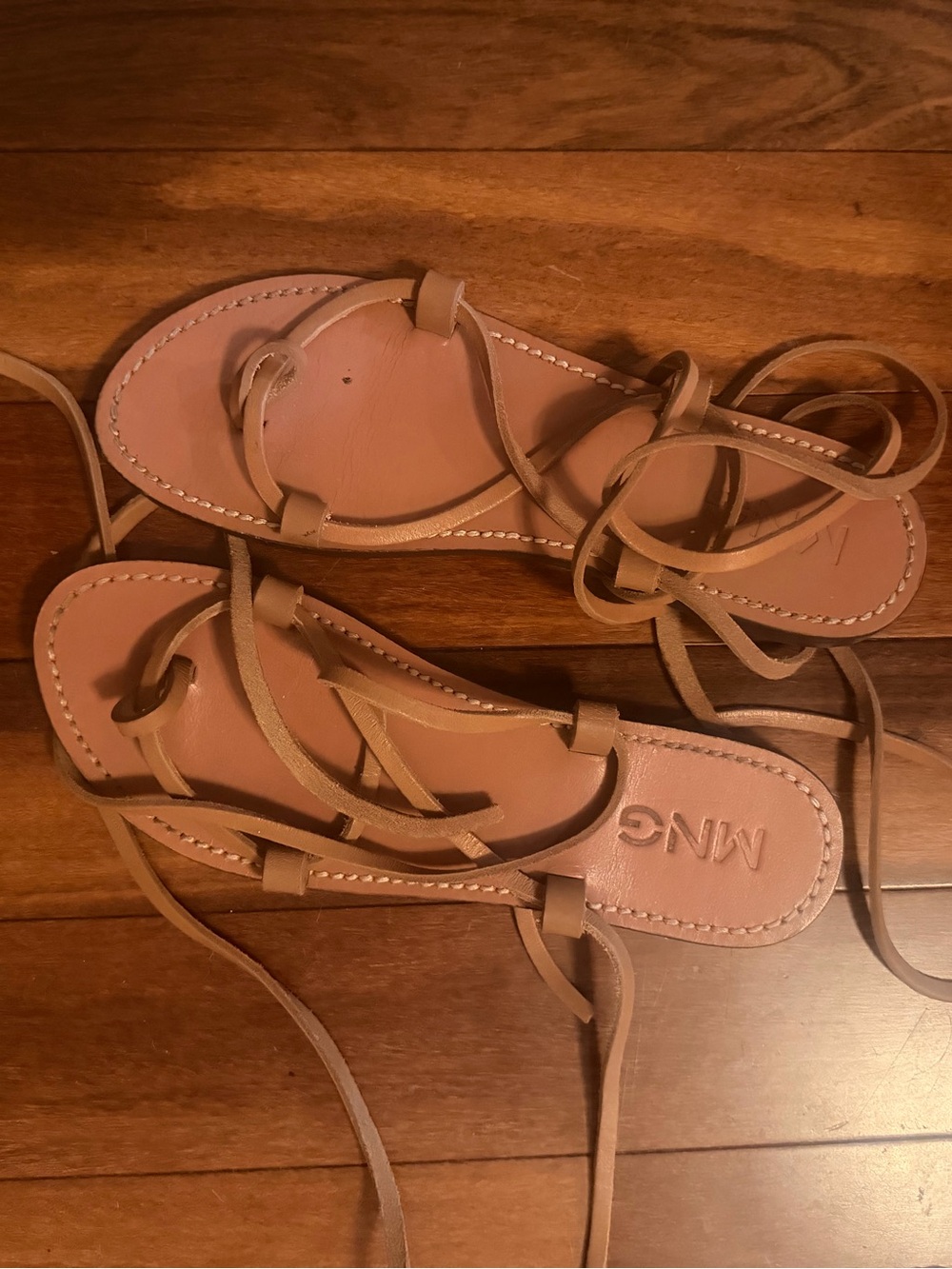 Mango Tan Leather Strappy Lace-Up Sandals